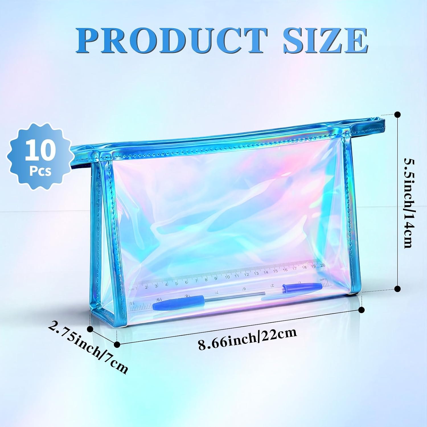 Aliceset 10 Pcs Iridescent Makeup Bag Bulk Holographic Clear Cosmetic Pouch Portable Zipper Toiletry Bag Waterproof Travel Gift Bags Party Favor Mothers Day Bachelorette Brider Gifts for Women(Blue)