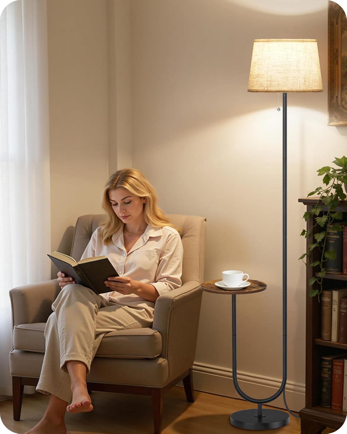 Floor Lamp with Side Table, Standing Lamp for Living Room with Tray, Pull-Chain Switch, for Living Room, Bedroom, 3 Color Temperatures, 9W LED Bulb Included, Rustic Brown and Beige FE21LD05