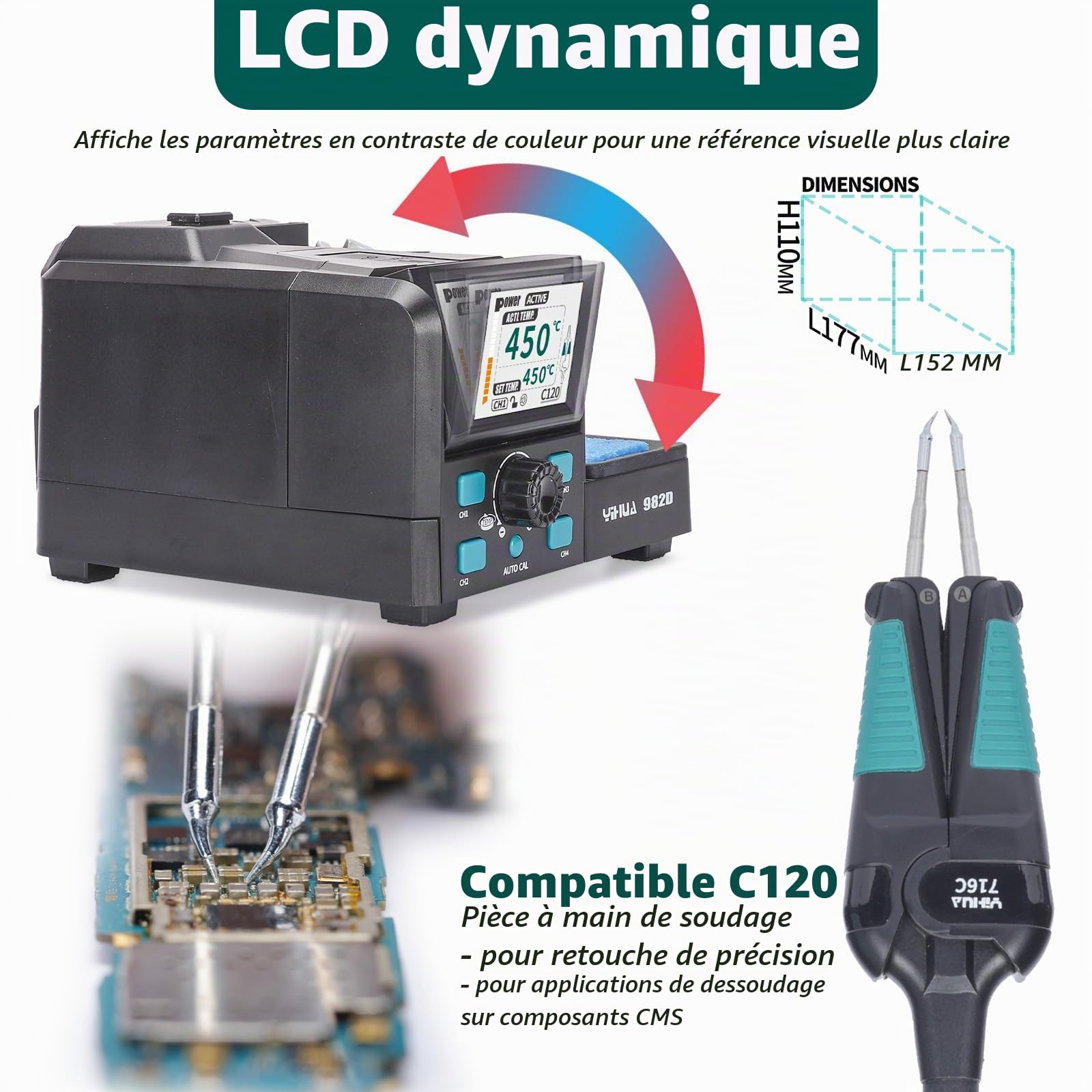 YIHUA 982D-I Station de soudage à pinces chaudes de précision avec 4 pointes de soudure, fil de soudure sans plomb, poignée compatible YIHUA716C calibration automatique de la température, mode veille