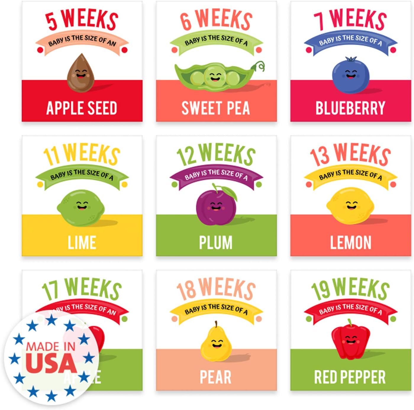Canopy Street Maternity Weekly Milestone Photo Props / 18 Card Set Of 36 Baby Growth Designs / 9" x 9" Modern Pregnancy Keepsake/Adorable Photography As You Grow Signs