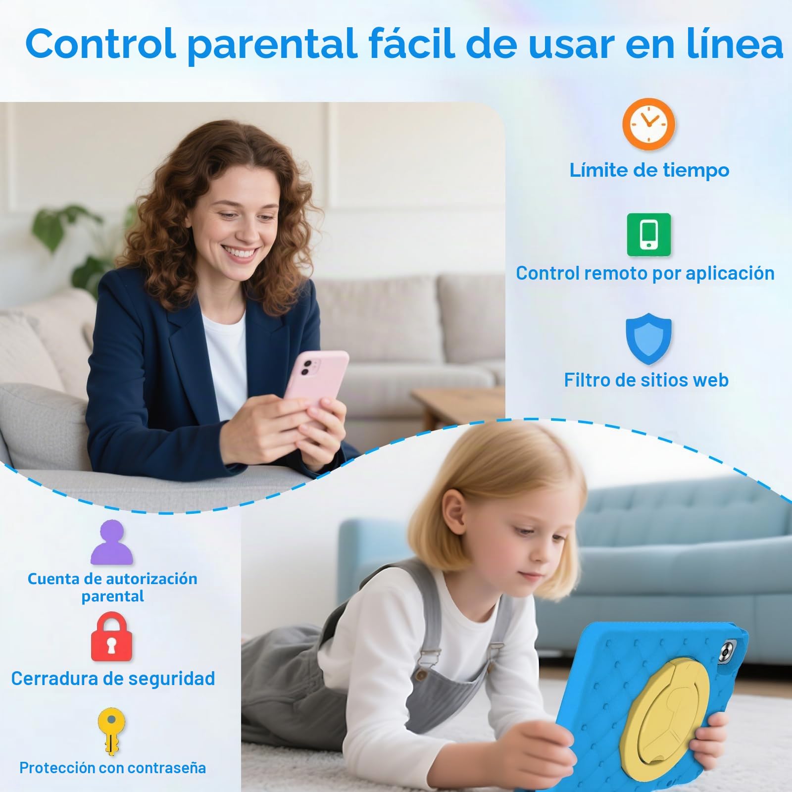 DMOAO Tablet para Niños 10 Pulgadas Android 15 con 30 GB RAM, 5G WiFi 6, Control Parental, 8-Core, 8MP + 5MP, 6000 mAh, Tablet Infantil con Funda Protectora EVA + Soporte 360° Giratorio, Zafíreo