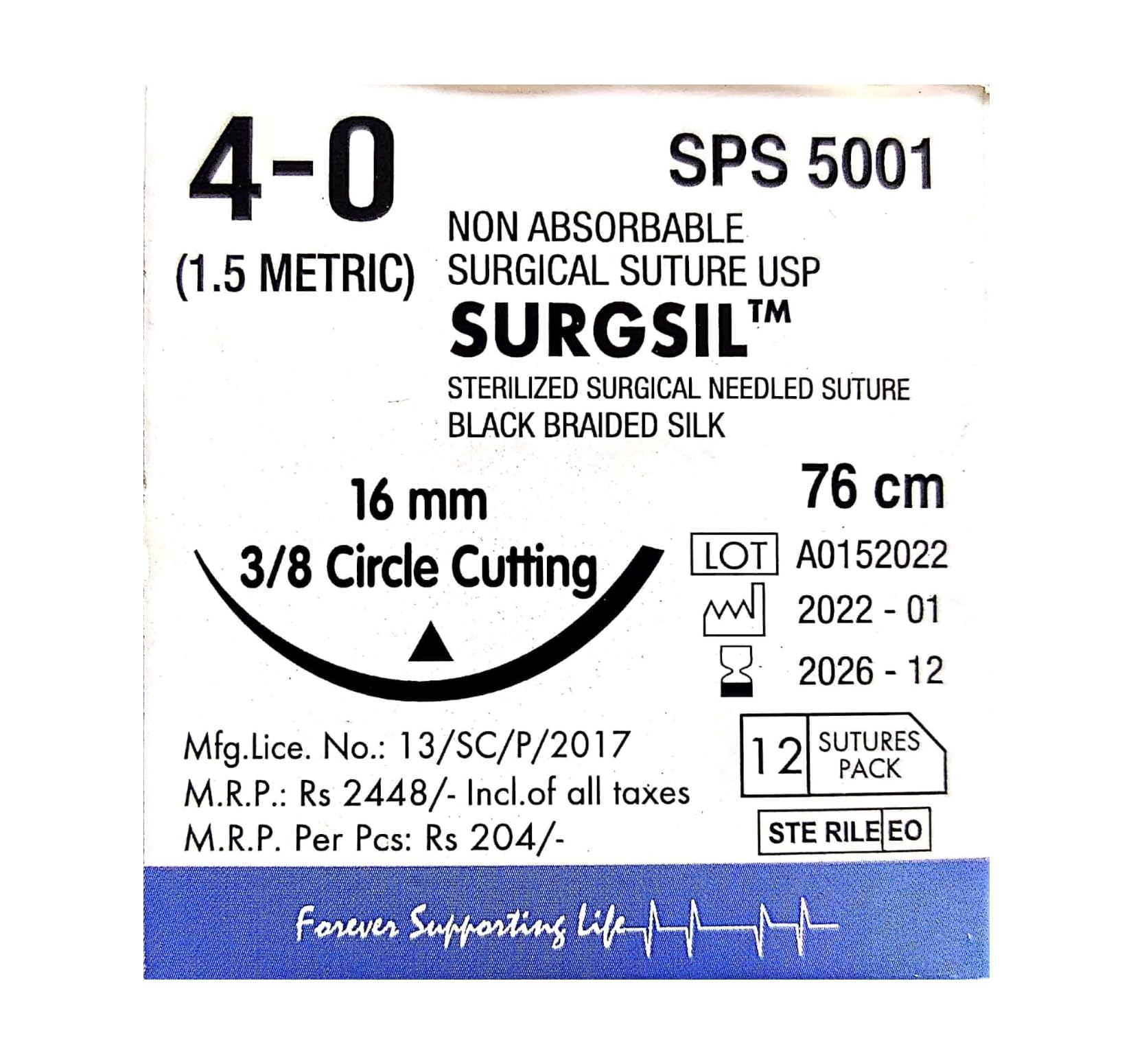 Surgsil (SPS 5001), Non Absorbable Surgical Suture, USP 4-0 (1.5 Metric), Black Braided Silk, 76 cm Length, 3/8 Circle Cutting Needle, 16 mm, Pack of 12
