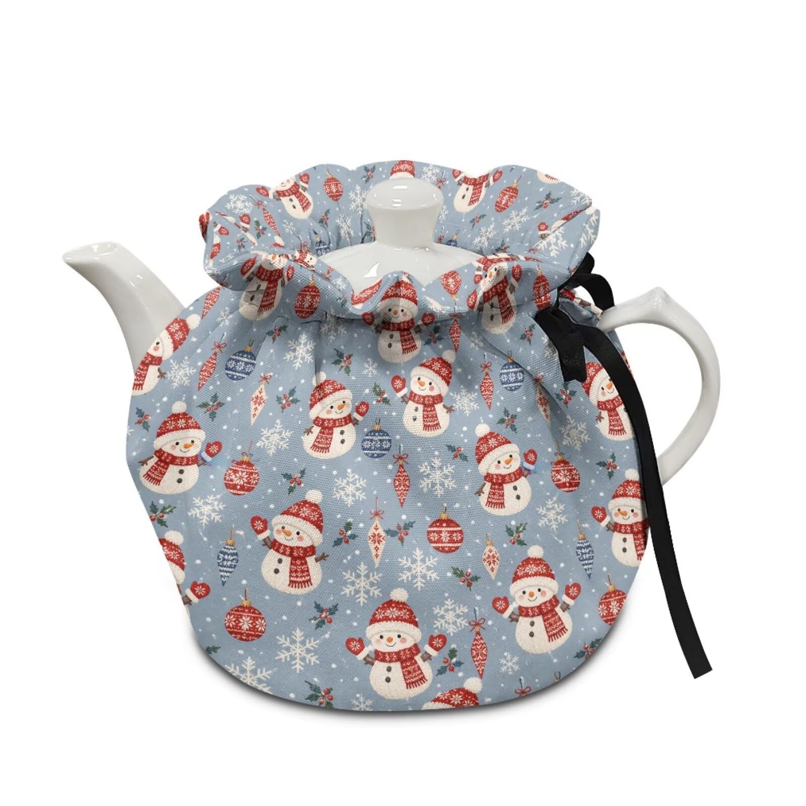 Poceacles Teapot Dust Cover Tea Cosy for Teapots Christmas Tea Kettle Cover with Insulation Pad Keep Breakfast Warm for Kitchen Home Table Top, Snowman Snowflake Holly Blue
