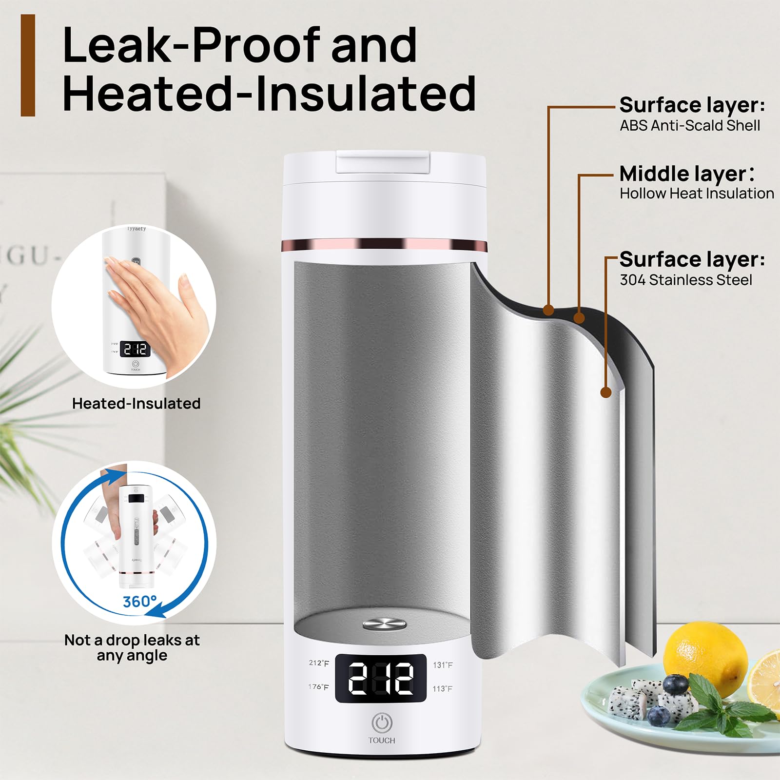 Tetera eléctrica portátil de viaje para café, mini taza de agua caliente, 450 ml, acero inoxidable, color blanco