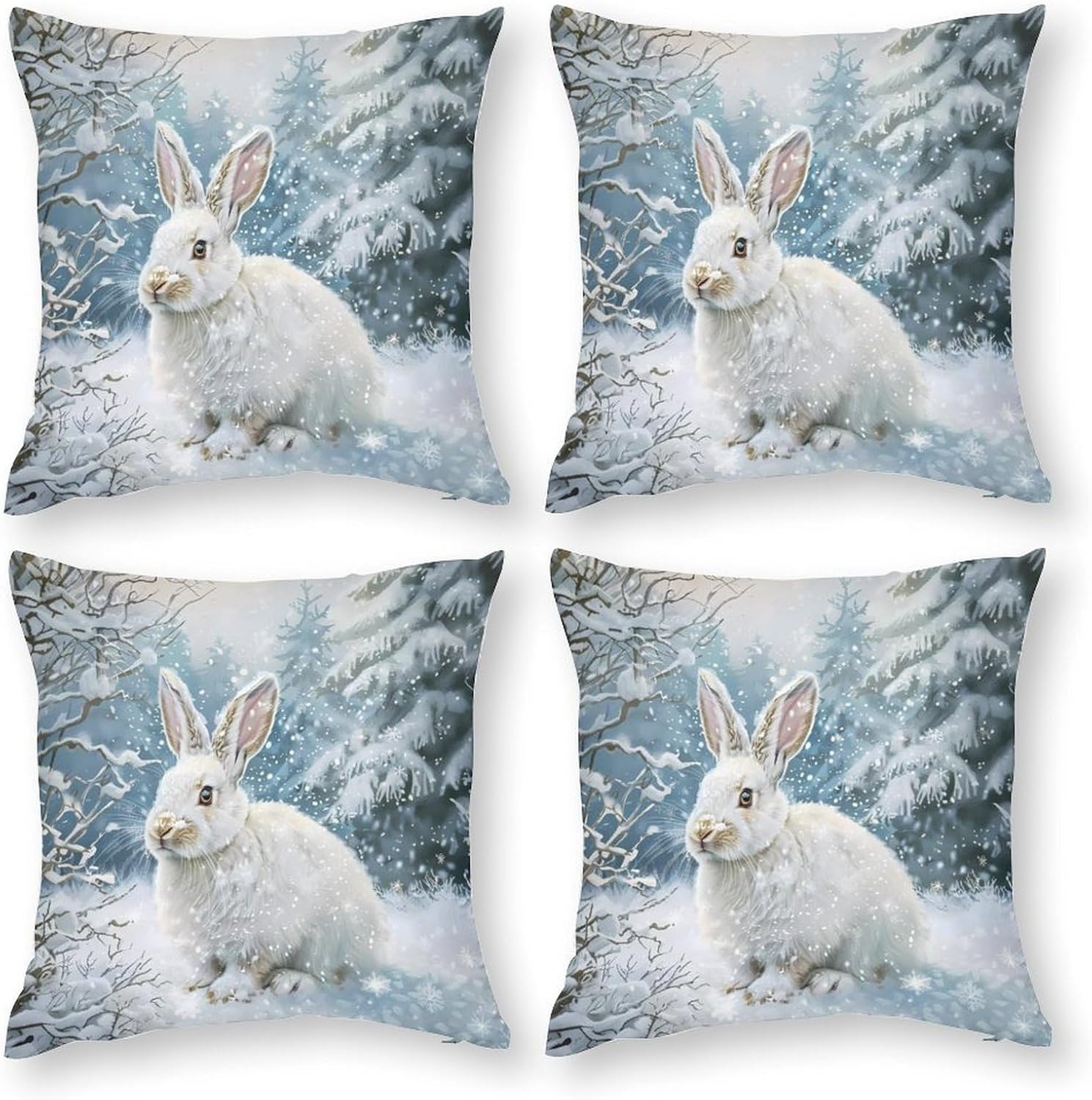 White Rabbit in Snowy Day Printed Throw Pillow Case 4 Pcs Soft Pillowcases Pillows Covers Sofa Bed Decor 12/14/16/17/18/20/22/24/32 Inches