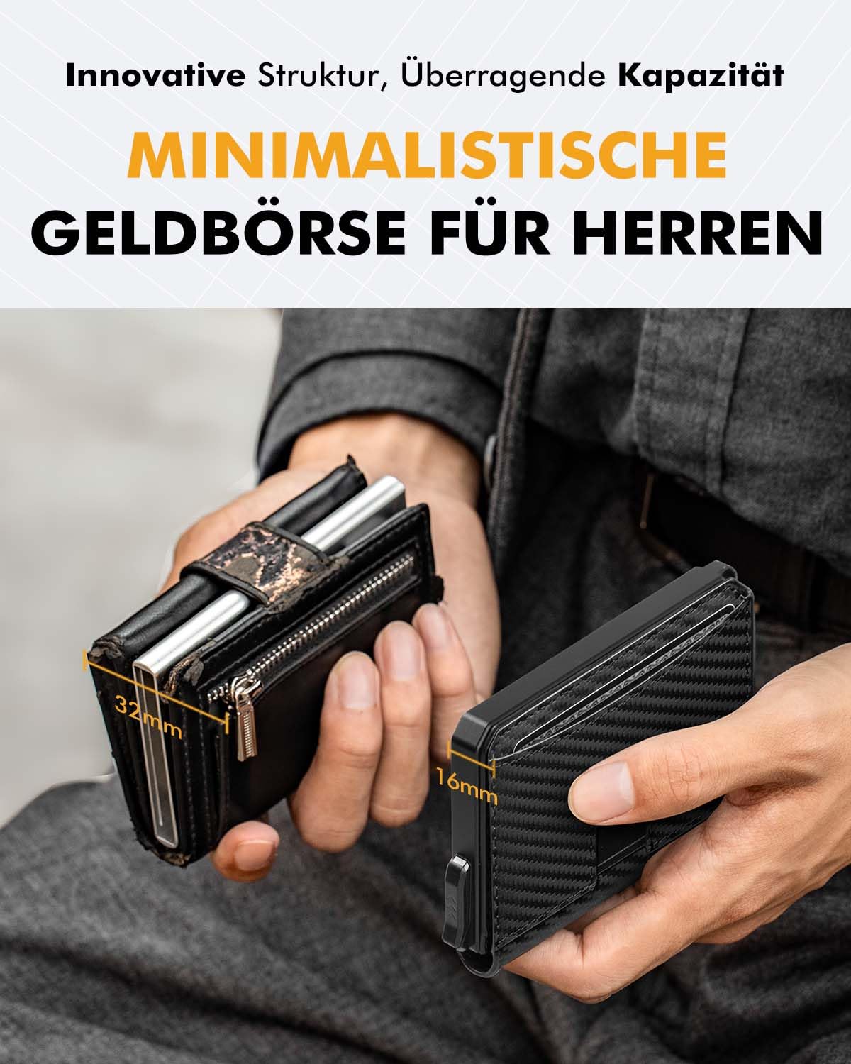 Geldbörse Herren Bifold mit Geldclip, Slim Wallet mit RFID-Schutz, Pop-Up Portmonee Kartenetui Herren, Smart Kreditkartenetui für bis zu 12 Karten (Carbon)