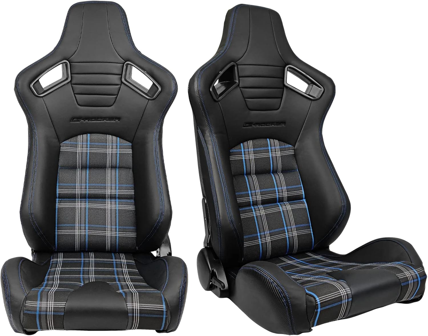 FREEMOTOR802 Universal Racing Seats, Reclinable Sport Seats with Dual Lock Sliders Adjustable, 1 Pair (Driver + Passenger Side), PU + Plaid Fabric + Carbon Fiber Fabric, Black + Blue Plaid