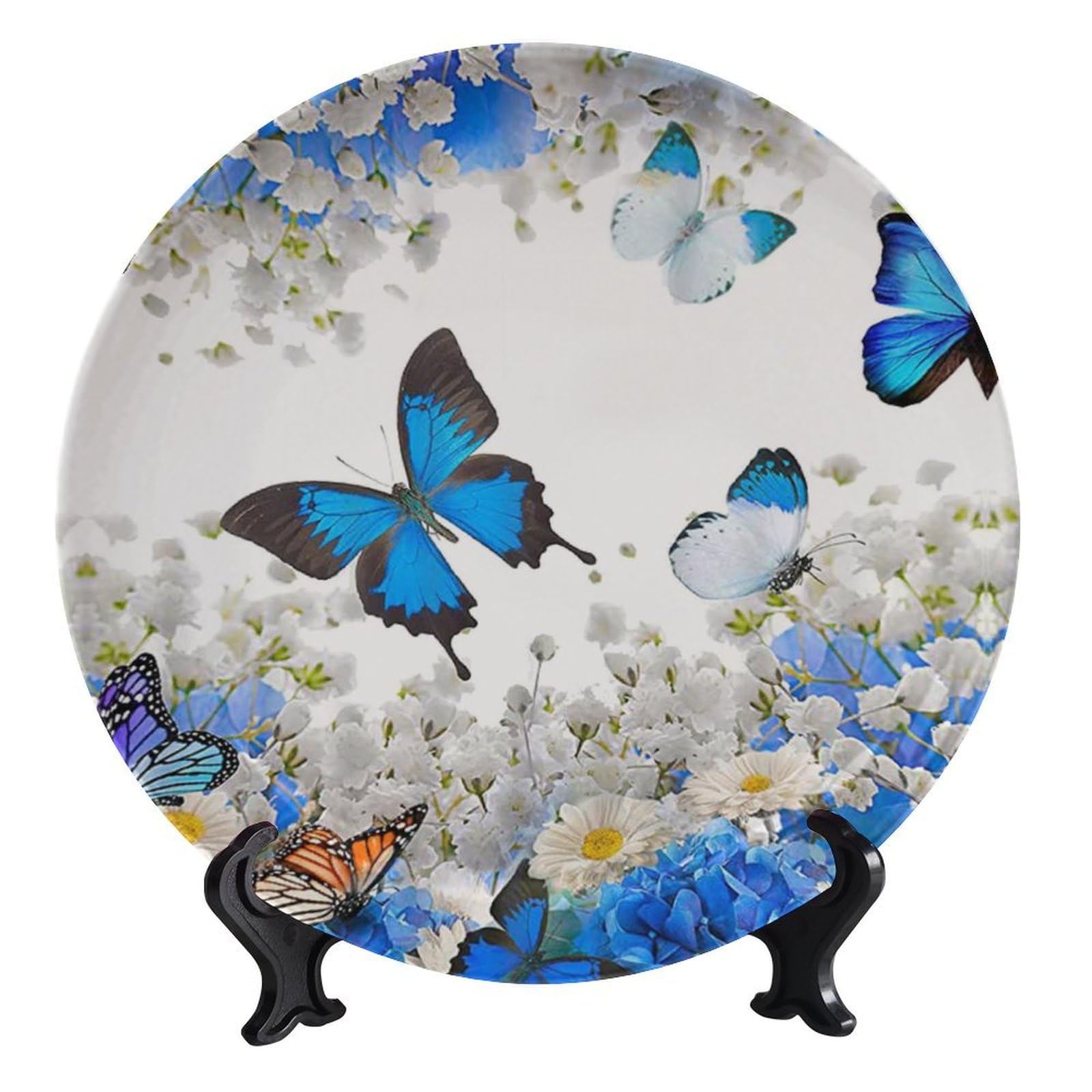 Piatti decorativi, 20,3 cm, con fiore e farfalla, piastra rotonda da tavolo, decorazione da tavolo con supporto, per appendere alla parete, soggiorno, bagno, decorazione regalo