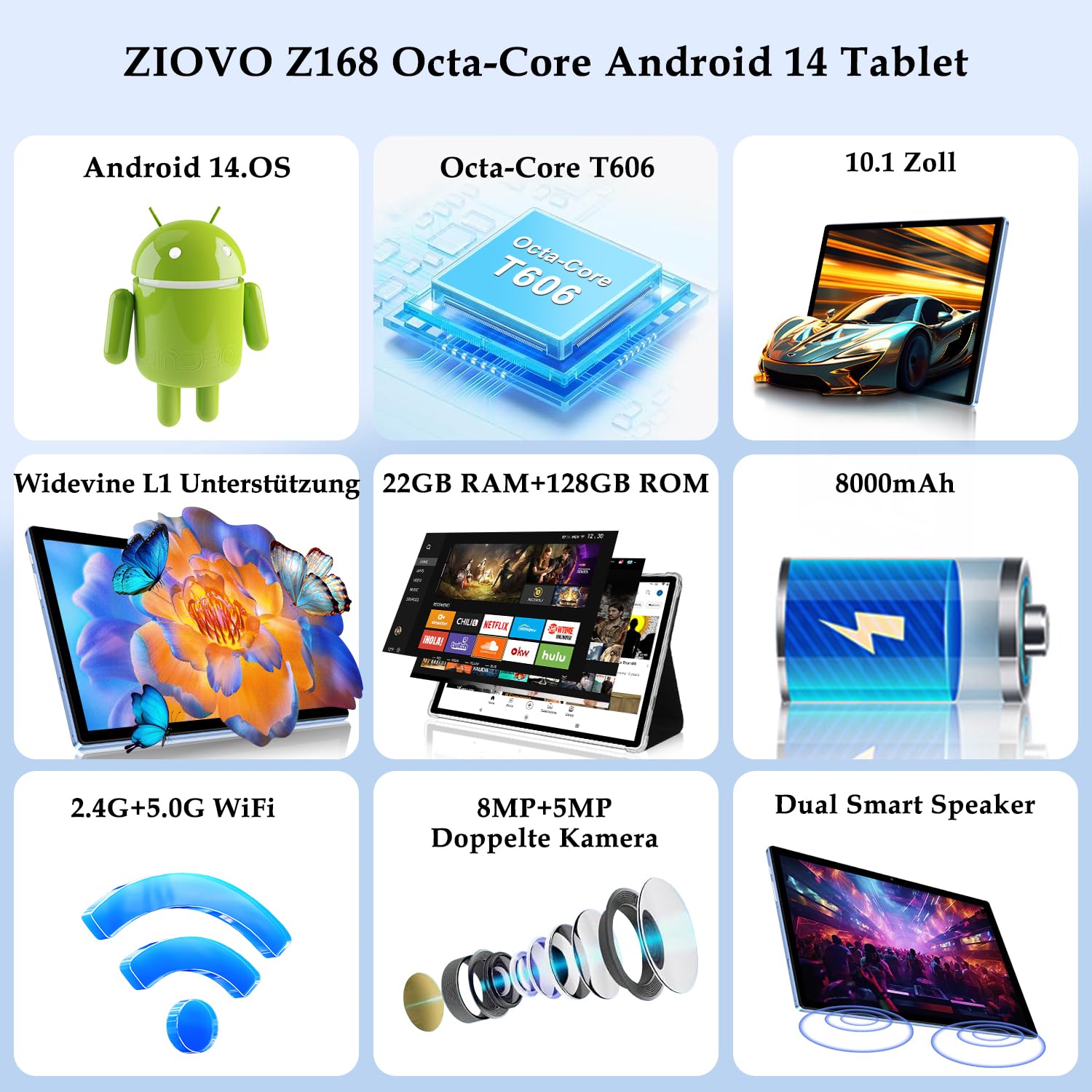 ZIOVO Android Tablet 10 Zoll Gemini AI mit 22GB RAM+128GB ROM(TF 2TB), 5G WiFi, Octa-Core 2.0GHz, Widevine L1, 8000mAh, BT 5.0, 5MP+8MP, GPS, Tablet mit Tastatur, Maus - Blau