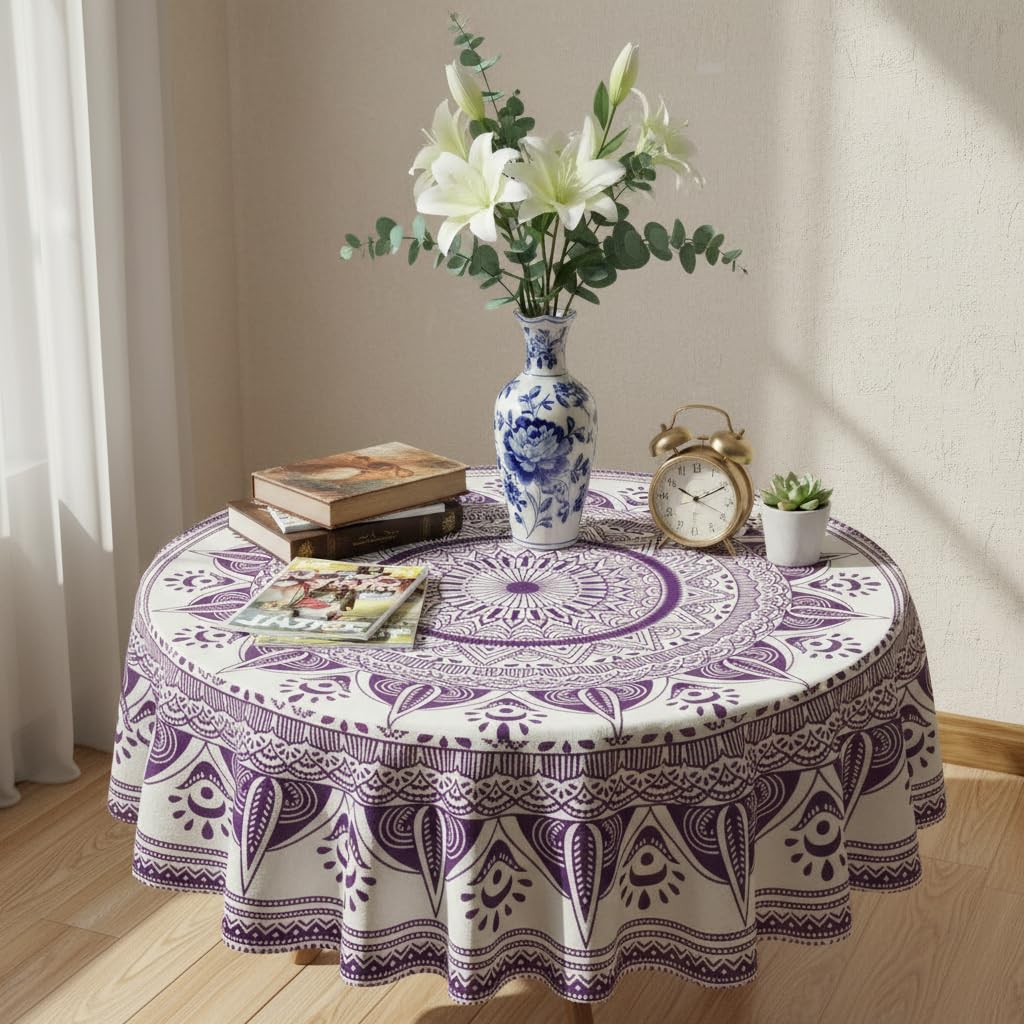AUNERCART Cotton Mandala Center Table Cover, Round Tablecloth, Premium Design, 45 Inches (Purple)-image-11
