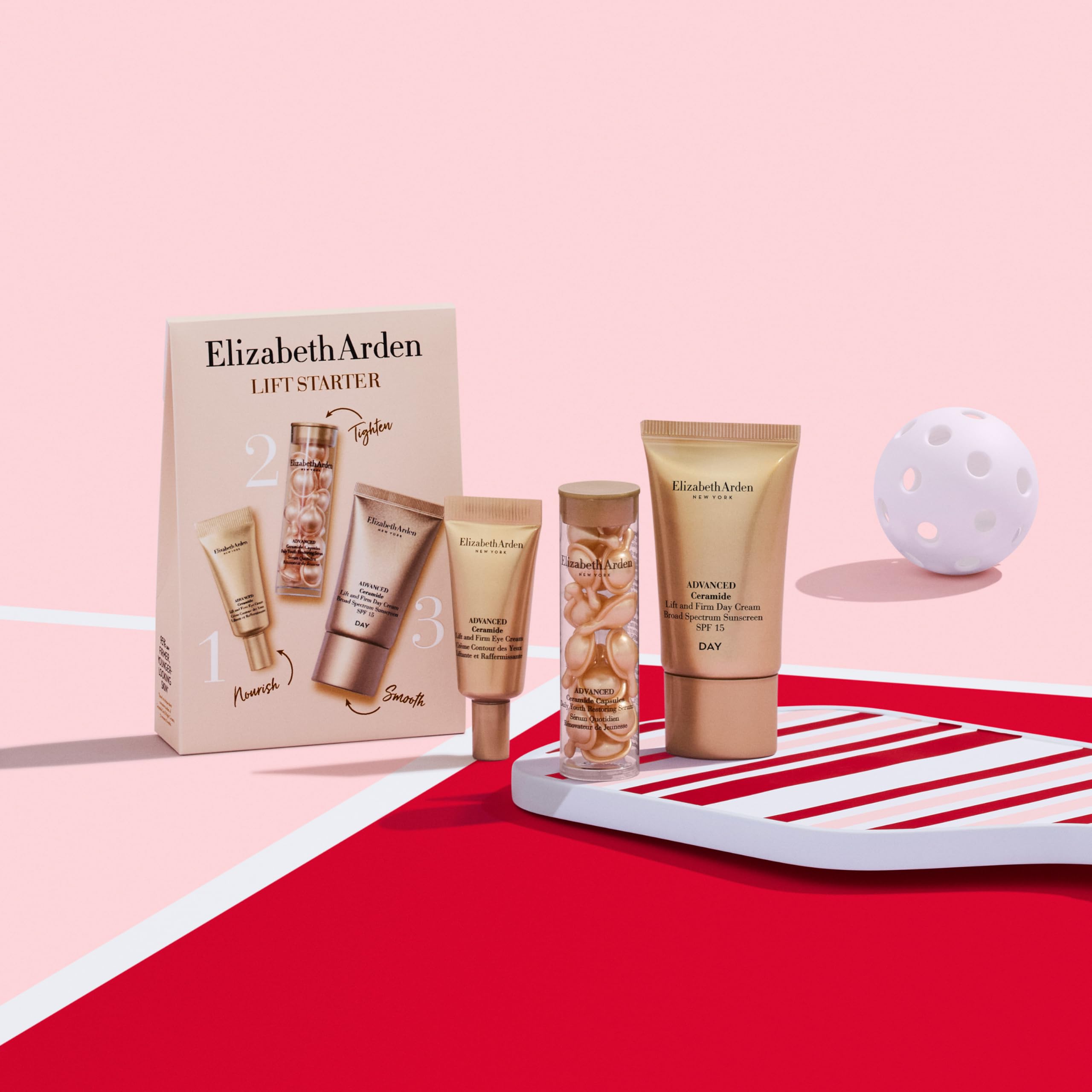 Elizabeth Arden - Lift Starter Set de 3 Piezas, Cápsulas Sérum Advanced Ceramide, Crema de Día Lift and Firm SPF 15 y Crema de Ojos, Set de Skincare Antiedad Adaptado para Viaje