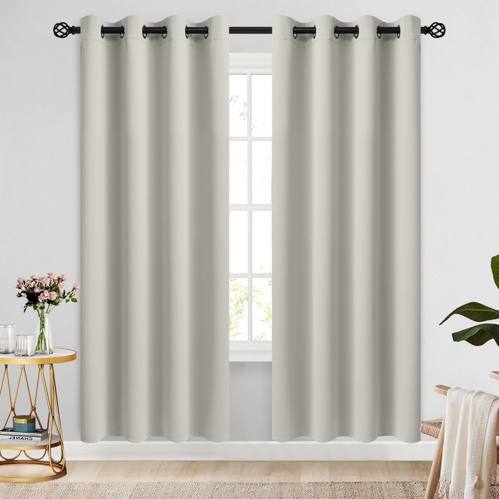 COSVIYA Grommet Blackout Room Darkening Cream Beige Curtains 72 inch Length 2 Panels,Thick Polyester Light Blocking Insulated Thermal Window Curtain Drapes for Bedroom/Living Room,52x72 inches