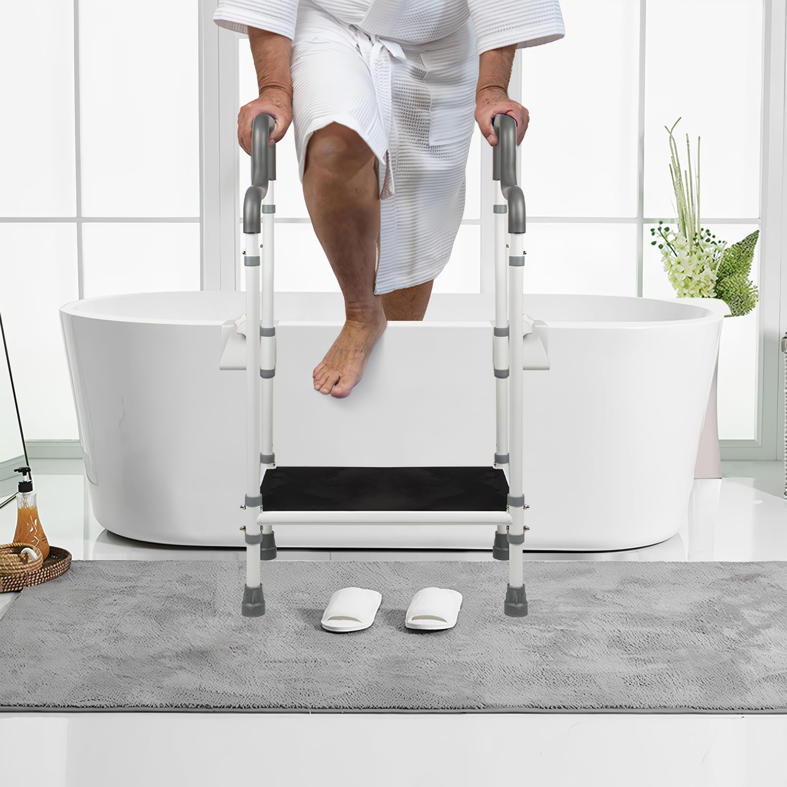 Reposapiés para baño con asa, ayuda de entrada para personas mayores, con reposabrazos, capacidad de carga 250 kg, color blanco