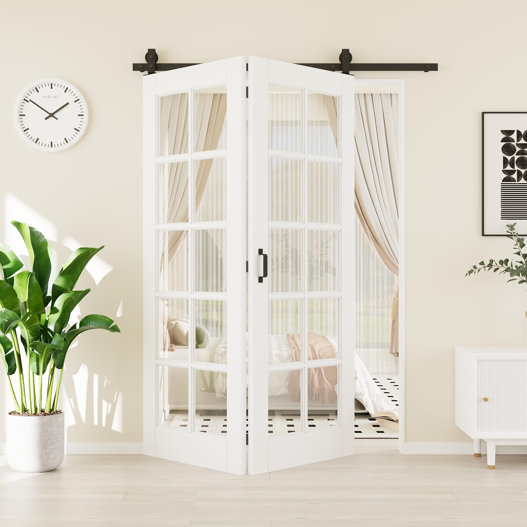 56"(28" x 2) x 80" 10-Lites Tempered Clear Glass Paintable Bifold Barn Door