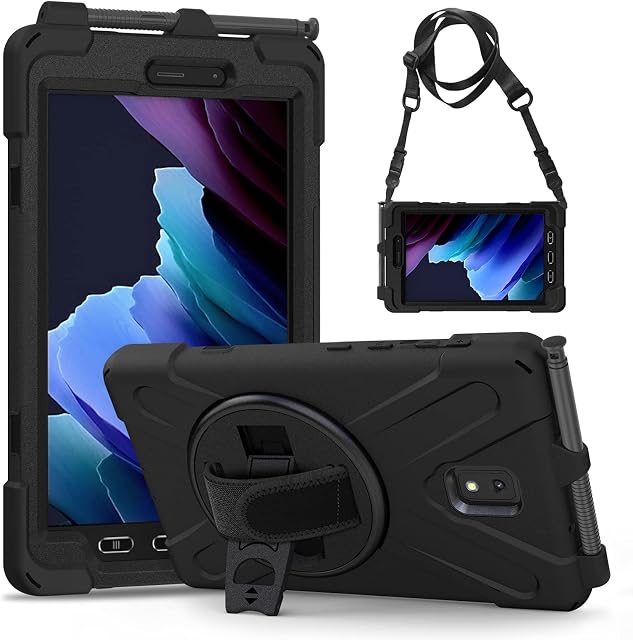 Gerutek Shockproof Case for Samsung Tab Active 3 8.0 inch, SM-T570/T575/T577 Heavy Duty Rugged Tough Case with Pen Holder,360 Rotating Stand/Straps Protective Cover for Galaxy Tab Active 3,Black