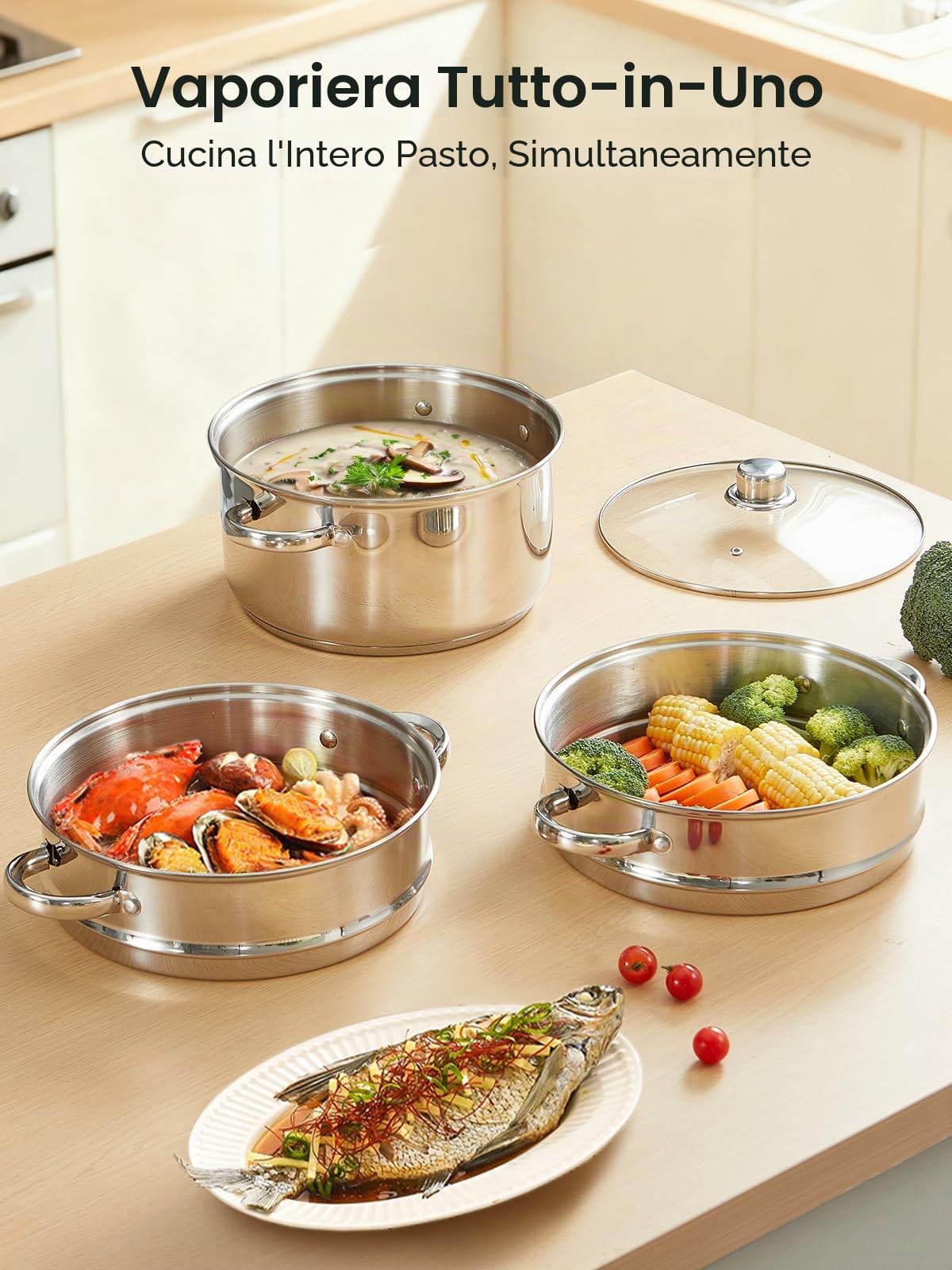 Pentola a Vapore in Acciaio Inox, Cuocivapore, Pentola (3 in 1), Diametro 26 cm, con Coperchio in Vetro, Cuocivapore per Tutti i Tipi di Fornelli, Anche a Induzione, Argento