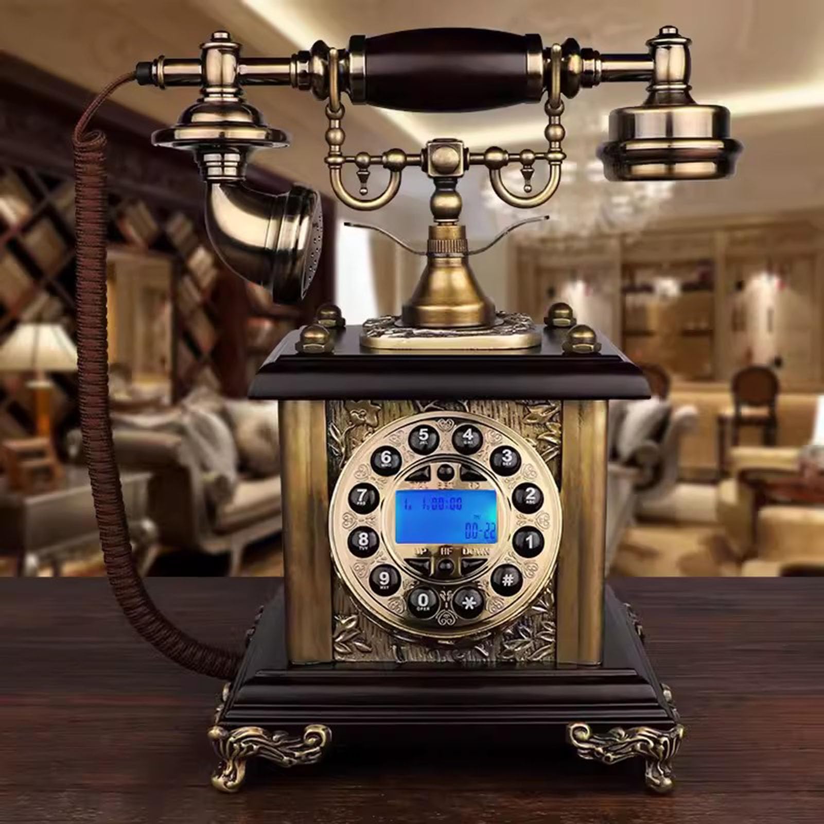 Telefon z przyciskiem Retro Drewniany telefon przewodowy Telefon stacjonarny Vintage Telefon stacjonarny Dekoracja domu/biura