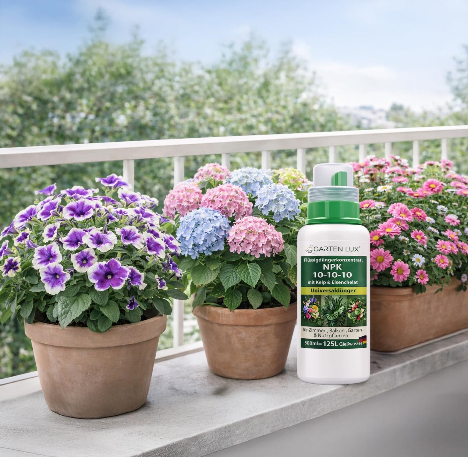 Garten Lux Fertilizante Líquido NPK 10-10-10 Concentrado con Kelp y Hierro Quelado – Abono Universal para Plantas de Interior, Jardín y Huerto Urbano – 500 ml hasta 125 L