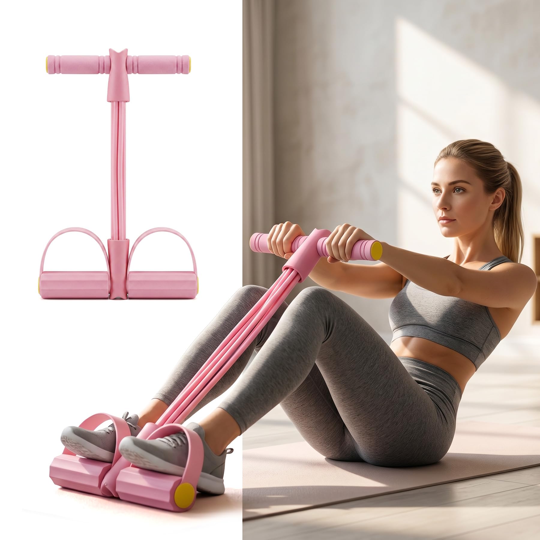 AQRNKK 6 Tube Multifunction Tension Rope Foot Pedal Resistance Bands with Handles – Abdominal & Leg Muscle Training Equipment for Home, Gym, Office, Beginners & Fitness Enthusiasts (Pink)