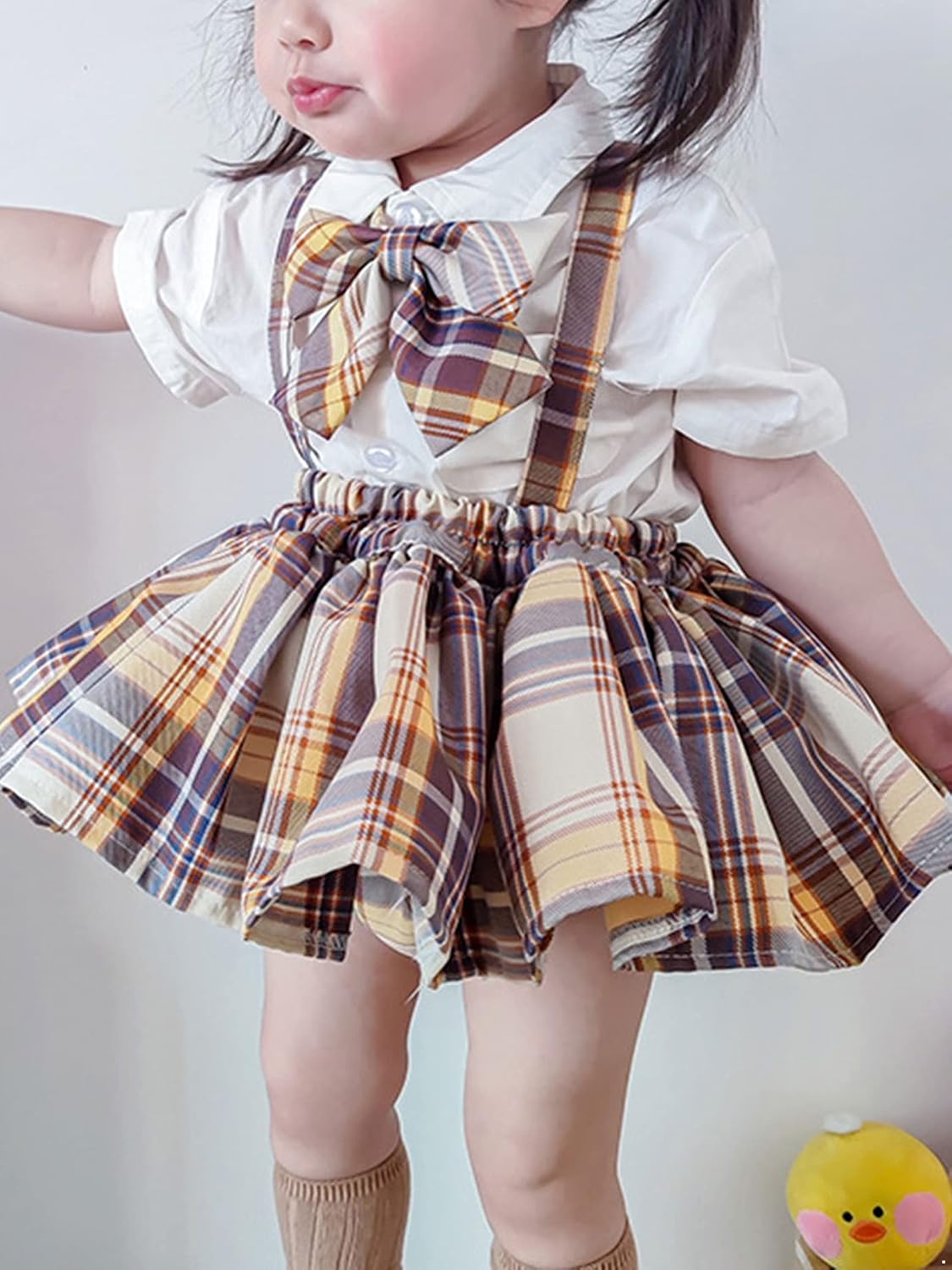 Kaerm Toddler Baby Girl School Uniform Plaid Skirt Little Girls A-Line Suspenders Flared Skater Dress