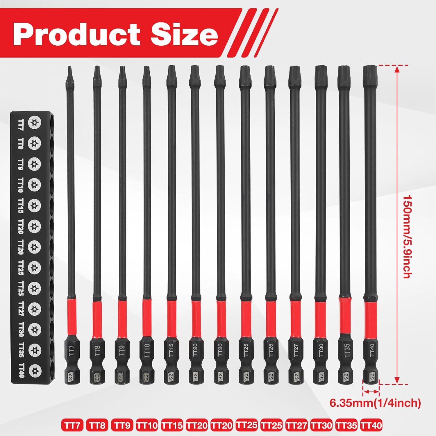 13Pcs Tamper Proof Torx Bit Set - 6'' TT7-TT40 Impact Screwdriver Bits, 1/4'' Hex Shank S2 Alloy Steel Torx Security Bits Set for Mechanical Repair