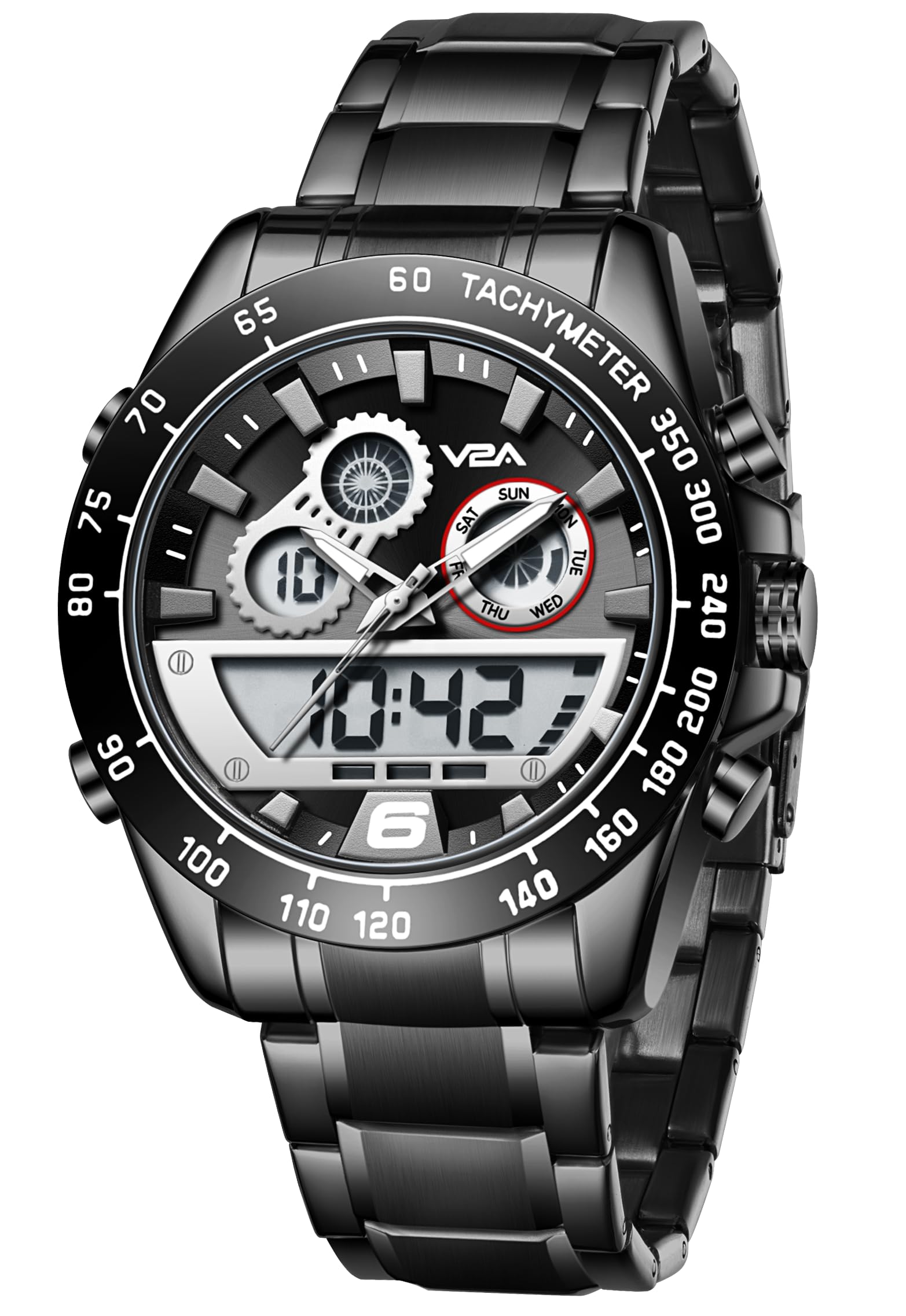 V2A Fusion Series Analog-Digital Men’s Watch with Stainless Steel Band & Alloy Steel Case – Multifunctional with Alarm, Stopwatch, EL Backlight Watch for Men | Gift for Men (Black-Black) (B0DF5PR35F) Amazon Price History, Amazon Price Tracker