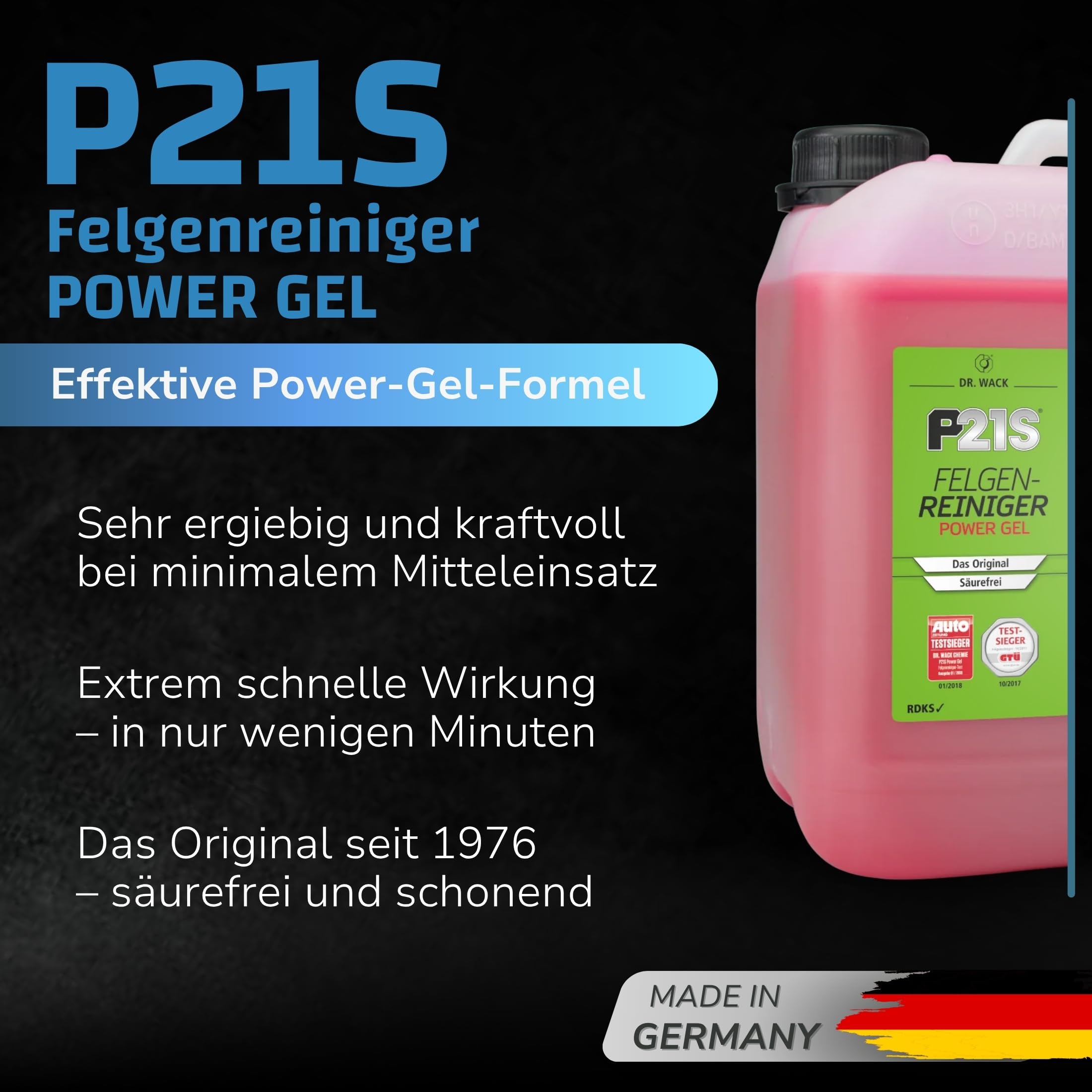 DR. WACK P21S Felgenreiniger Power Gel 5 Liter - Felgen-Spray mit Gel-Formel & Wirkindikator - Schnelle & schonende Reinigung - säurefrei & biologisch abbaubar - Hochwertige Autopflege