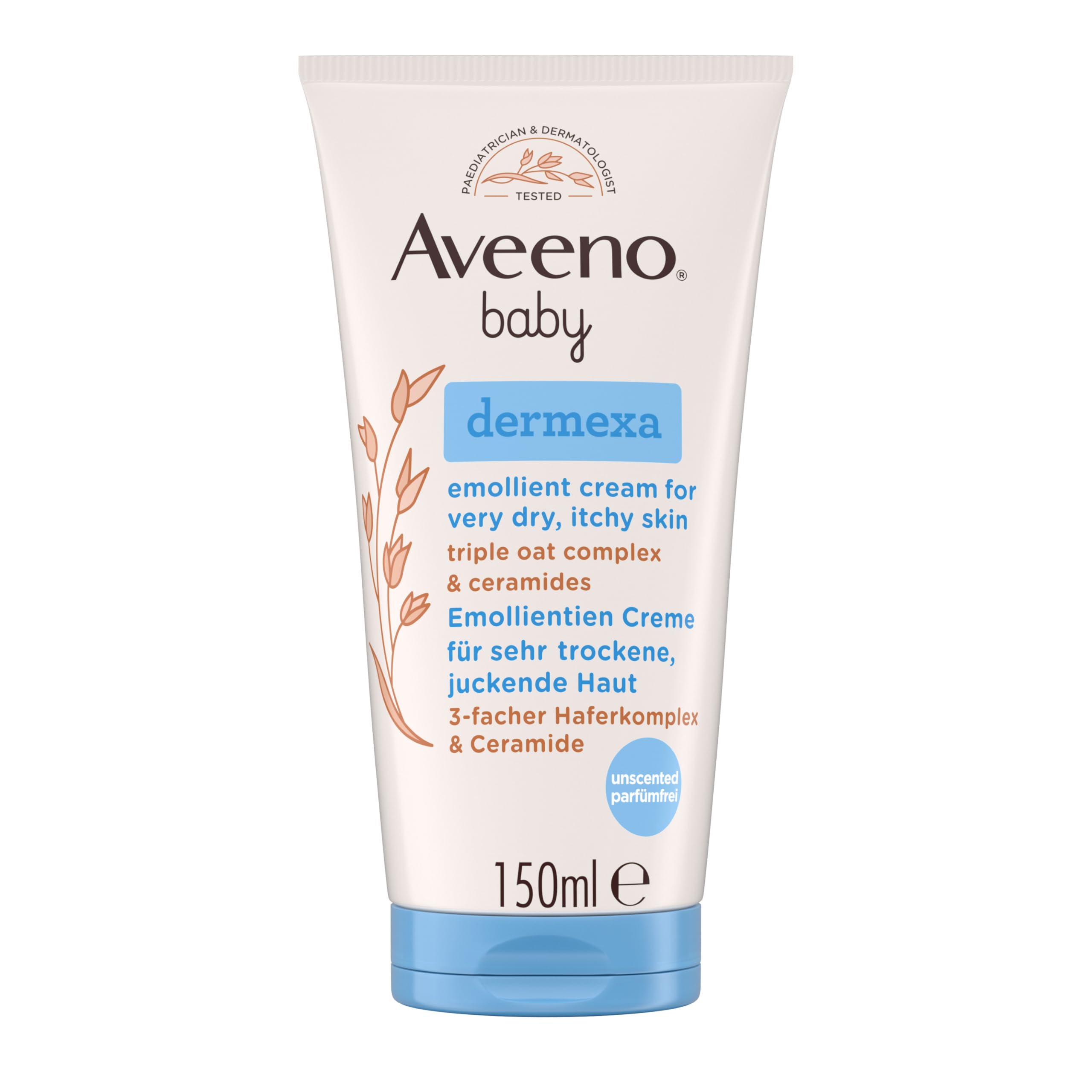 Aveeno® baby dermexa Emollientien Creme mit präbiotischem Hafermehl, Ceramiden & Panthenol für sehr trockene, juckende und zu Neurodermitis neigende Haut, 150 ml