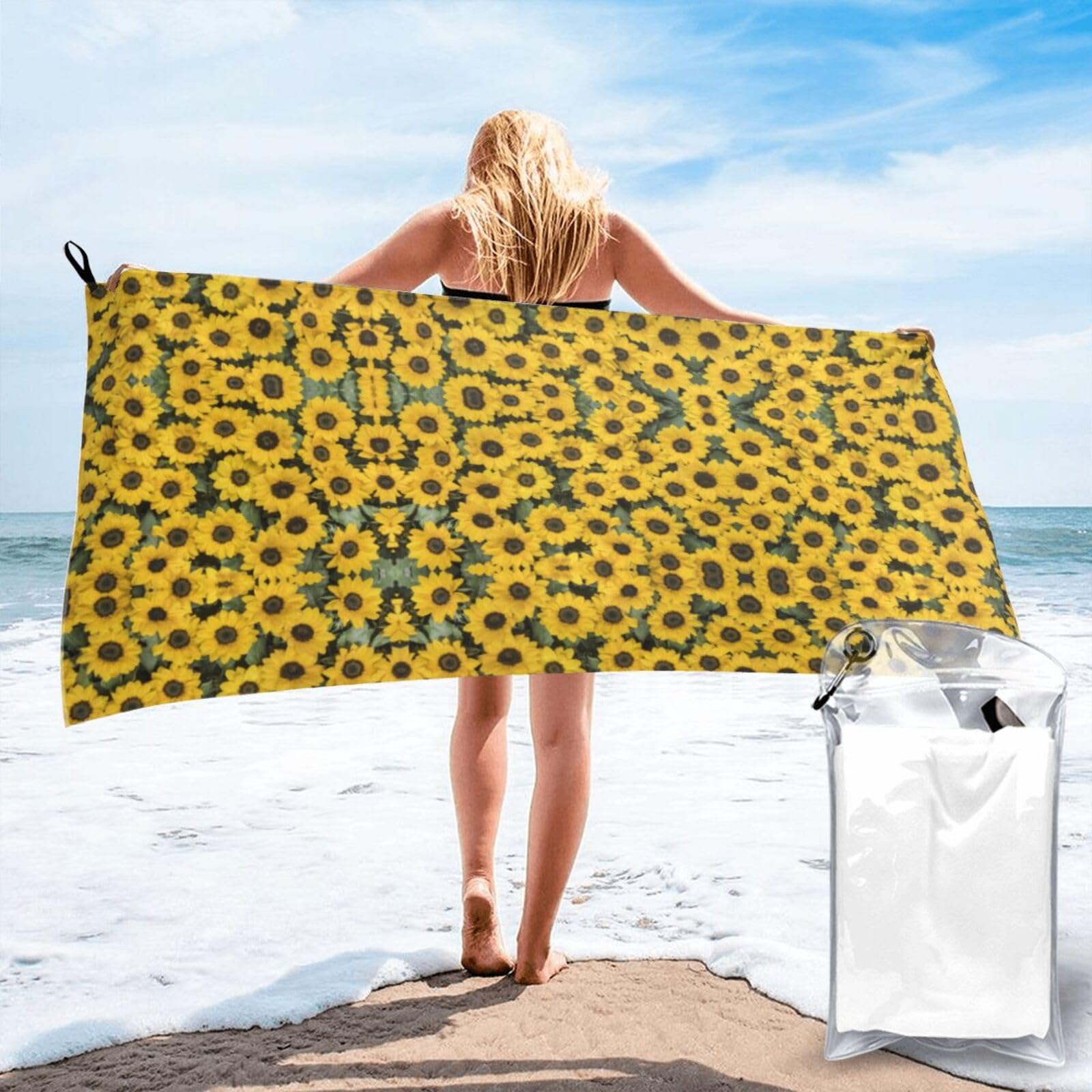 Jiuty White Cute Sunflower Print Fast Dry Beach Towel Portable For Swimming Travel Gym Hiking Gift