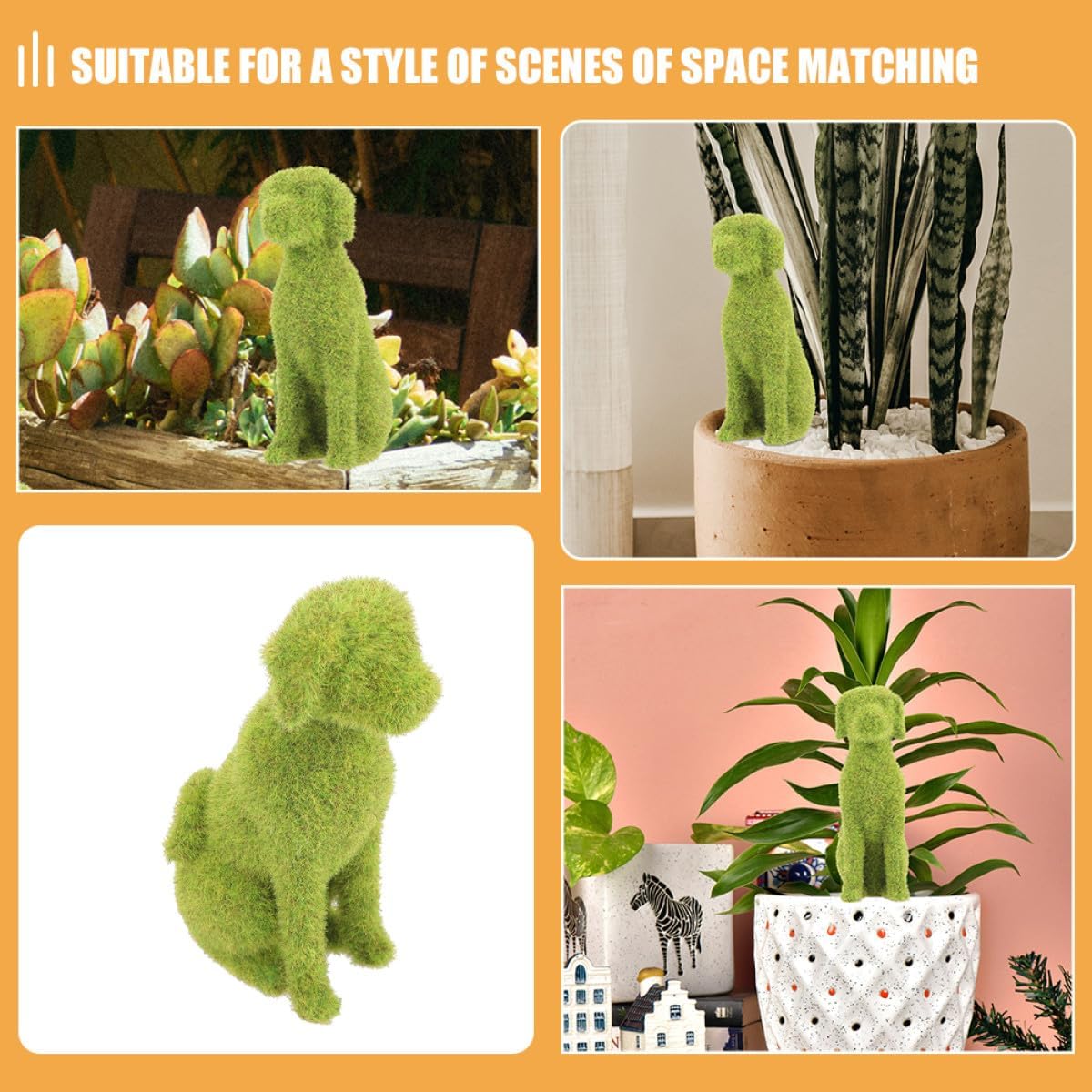 2pcs European Style Flocking Animal Ornament Dog Figurines for Outdoor Garden Patio Lawn Décor, Green Flocked Sitting Dog Statues for Backyard Decoration