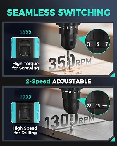 Miniatura 3 de COMOWARE Taladro inalámbrico de 20 V, juego de taladro eléctrico con 1 batería y cargador, portabrocas sin llave de 3/8 pulgadas, 2 velocidades