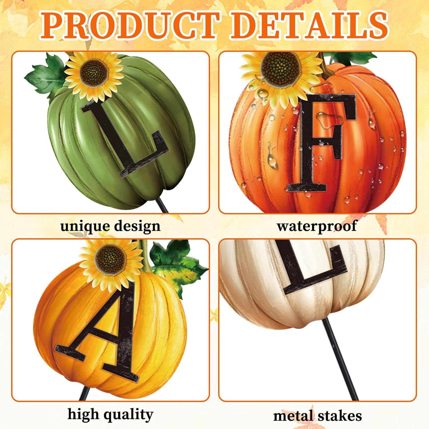 JarThenaAMCS Set of 4 Thanksgiving Pumpkin Metal Garden Stakes Fall Pumpkin Decorative Lawn Sign Seasonal Autumn Welcome Yard Sign for Harvest Home Outside Lawn Porch Decor