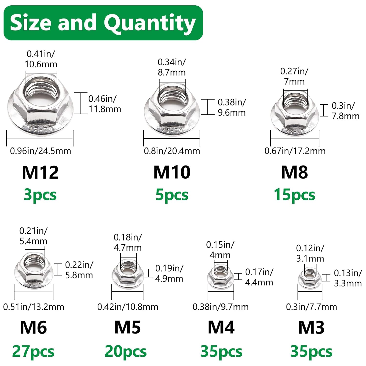 140PCS 7 Metric Sizes 304 Stainless Steel Hex Flange Nuts Assortment Kit -M3, M4, M5, M6, M8, M10, M12
