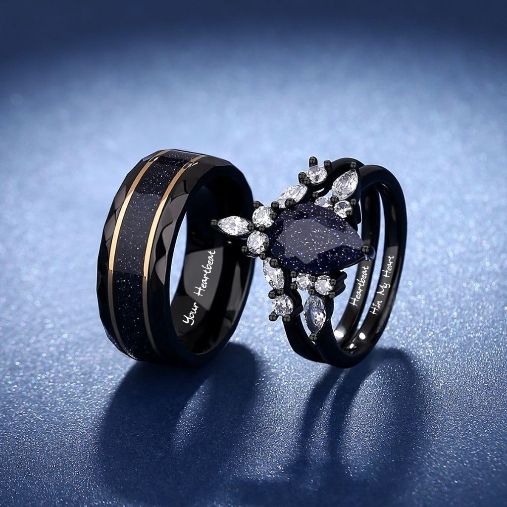 Custom Engraved Couples Ring Set - Pear-Shaped Blue Sandstone & Black Tungsten - Personalized His and Hers Band Promise Ring