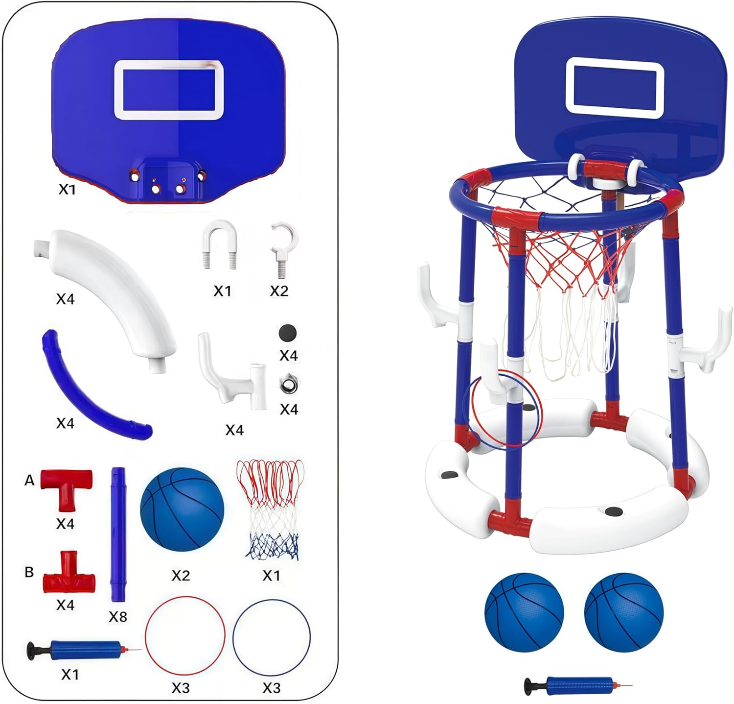 Floating Pool Basketball Hoop Set, 2-in-1 Pool Game with Backboard & Ring Toss, Stable Anti-Tip Base, 4 Balls, Rings & Pump, Pool Toys for Kids & Adults