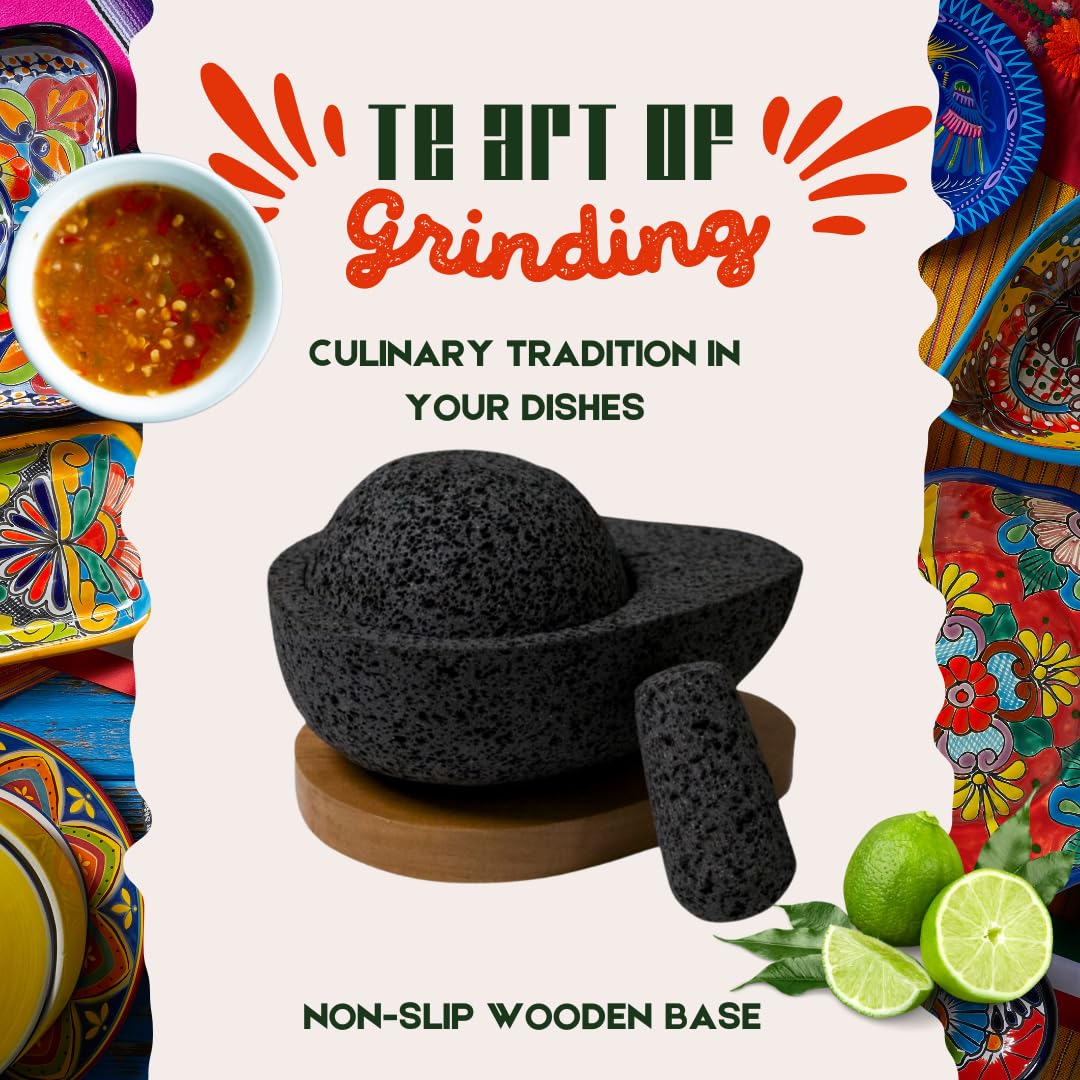 YO PIDO MX Avocado-Shaped molcajete with a Wooden Base, Spice Mortar, Made with Volcanic Stone, Molcajete Handmade in Mexico, Guacamole and Salsa Maker, Includes Pestle Stone