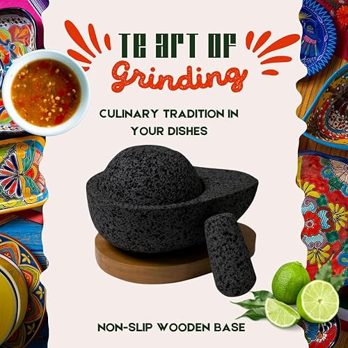 Miniatura 5 de YOPIDO MX Molcajete juego de molcajete en forma de aguacate y taza de salsa con base de madera mortero de especias hecho con piedra volcánica