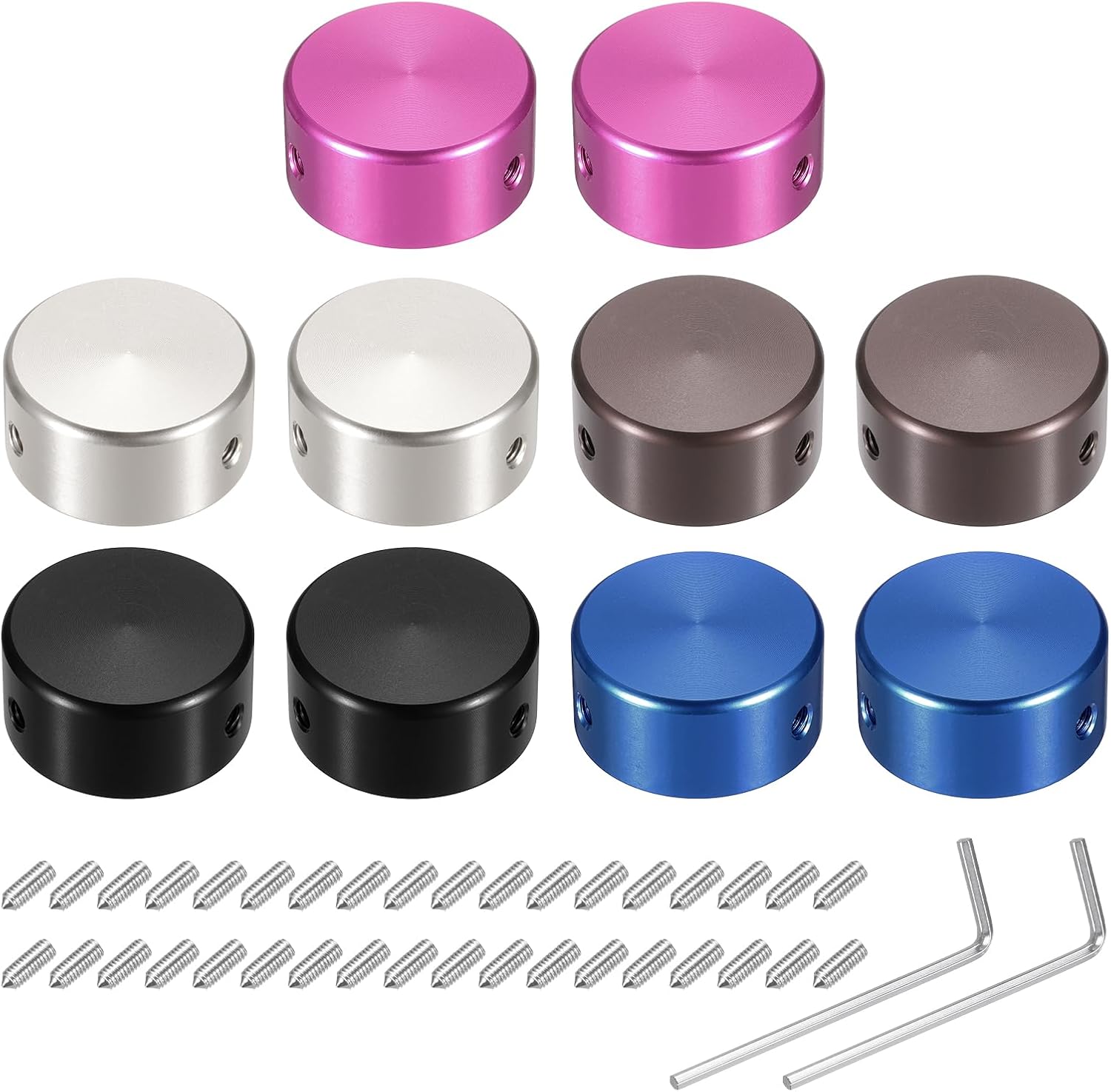 MECCANIXITY 10 Pcs Footswitch Toppers Guitar Pedal Button Caps Metal Footswitch Top Cover 3/8" Multi-Color for Guitar Effects Pedal Buttons, Red, Blue, Silver Grey, Grey, Black