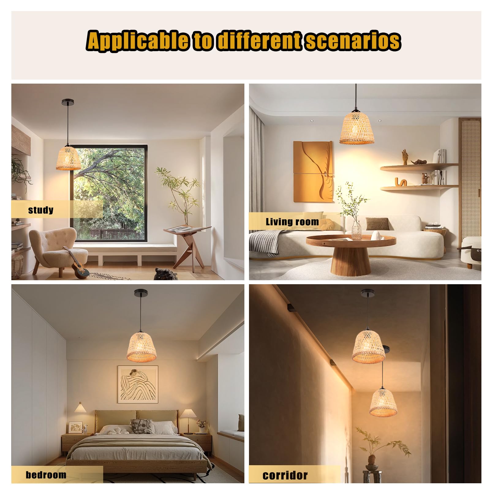 2 packs Lustres Suspensions Bambou Industrielle Luminaire Plafonnier E27 Vintage Lustre Abat-jour en Bambou Tressé Rétro Lampe de plafond Ø200mm Design Pour Salon Cuisine Chambre (A-L-2pcs)