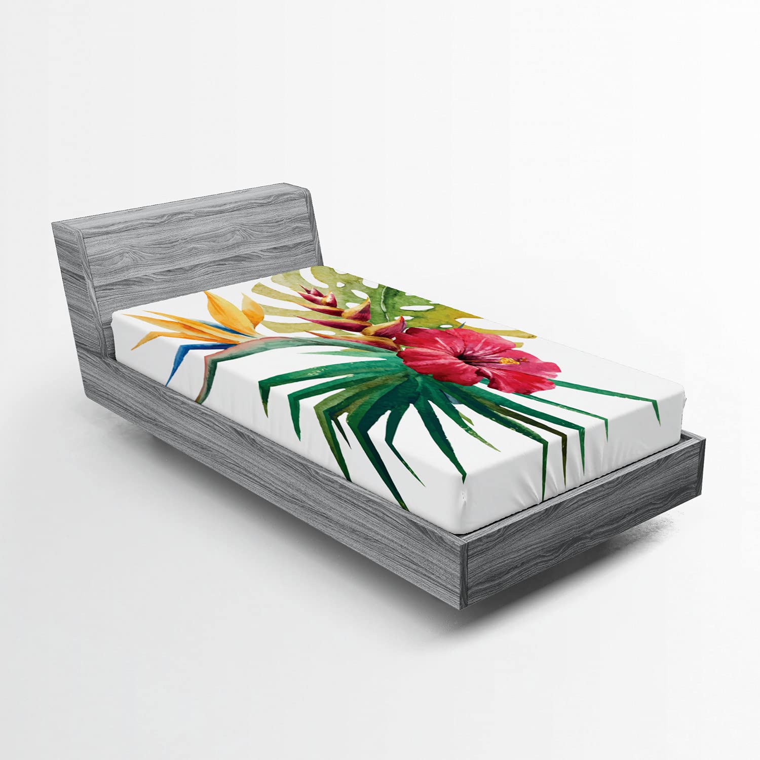 Ambesonne Floral 2 Pack Fitted Sheet, Wild Tropical Orchid, Bed Cover All-Round Elastic Deep Pockets 2 Pieces, Package Contains 2 Twin Size Fitted Sheets, Forest Green