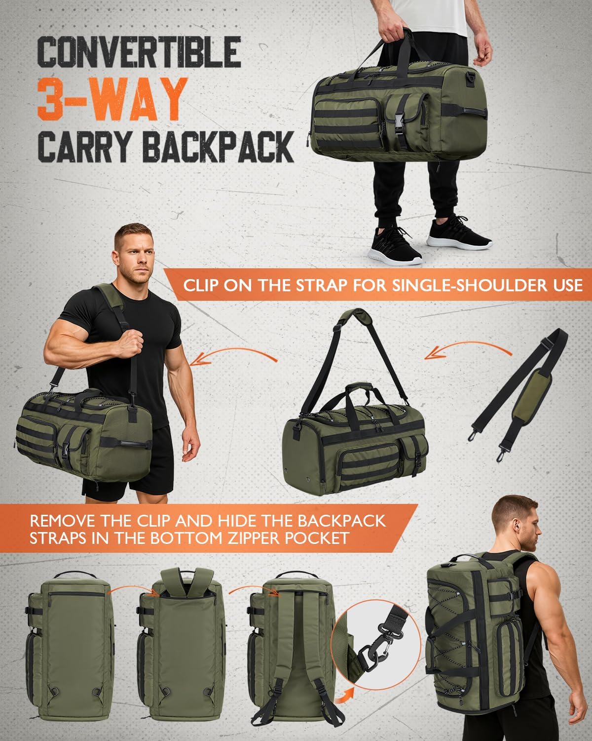 Gonex 45L Duffel Bag for Men, 3 in 1 Convertible Carry Gym Duffle with Shoe Compartment, Tactical Gear Loops, Water-Repellent Lining, Workout & Travel Bag (Army Green) - Image 5