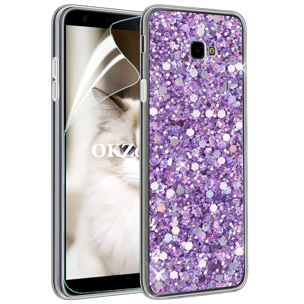 OKZoneCompatible Galaxy J4 2018 Case [with HD Screen Protector], Bling Glitter Design Soft Gel TPU Silicone Skin Cover Anti-scratch Protective Case for Samsung Galaxy J4 2018 (Purple)