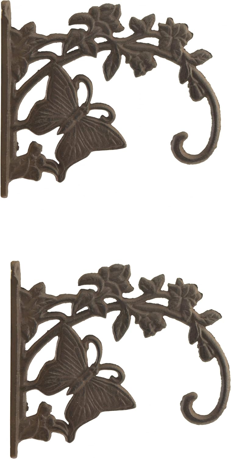 Butterfly Plant Hanger Decorative Cast Iron Flower Basket Hook 7.88 Deep 2 Pack Brown