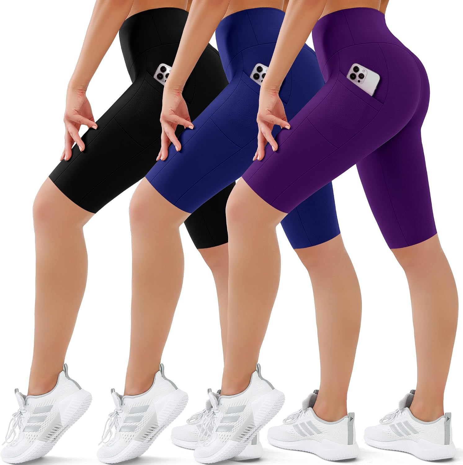 SUNCLOVE 3 Pack Biker Shorts for Women Tummy Control Workout Yoga Gym Running Shorts with Pockets