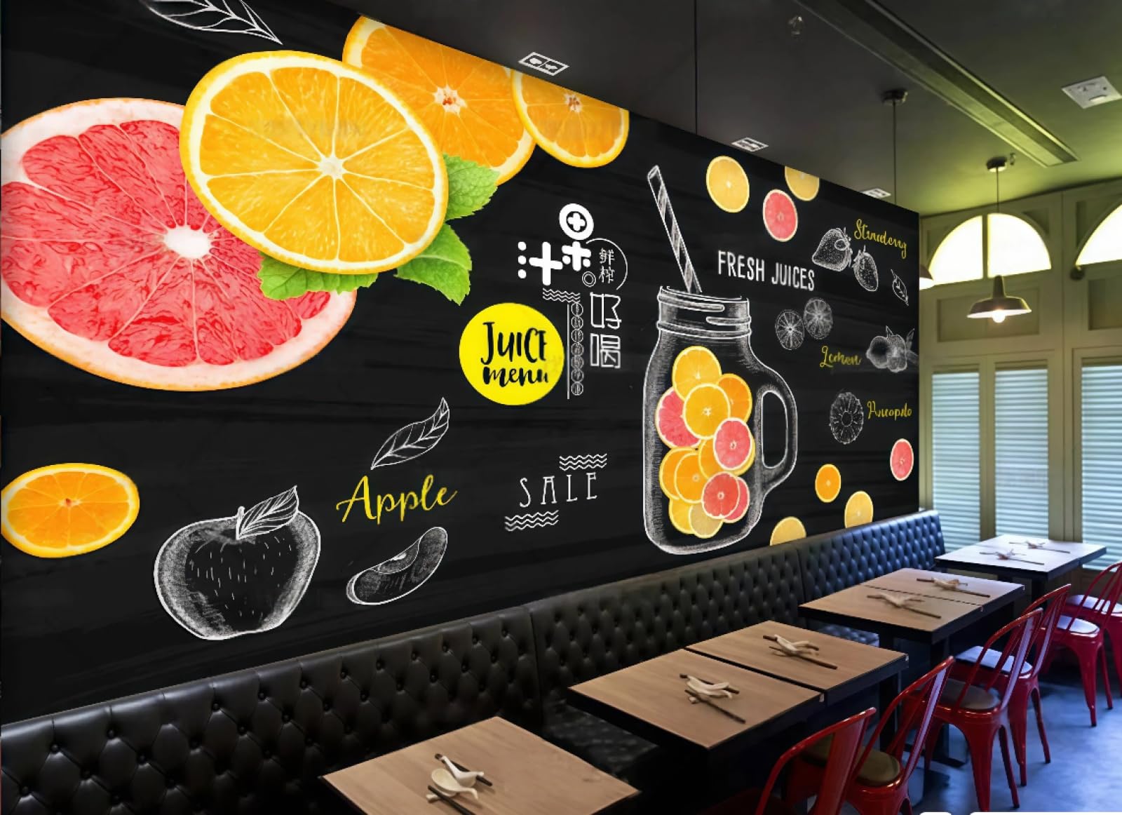 XDOUBAO Wallpaper Fashion Black Hand-Painted Juice Drink Theme Beverage Shop Afternoon Tea Western Restaurant Background Wallpaper Coffee Shop Mural,3D,400x280cm