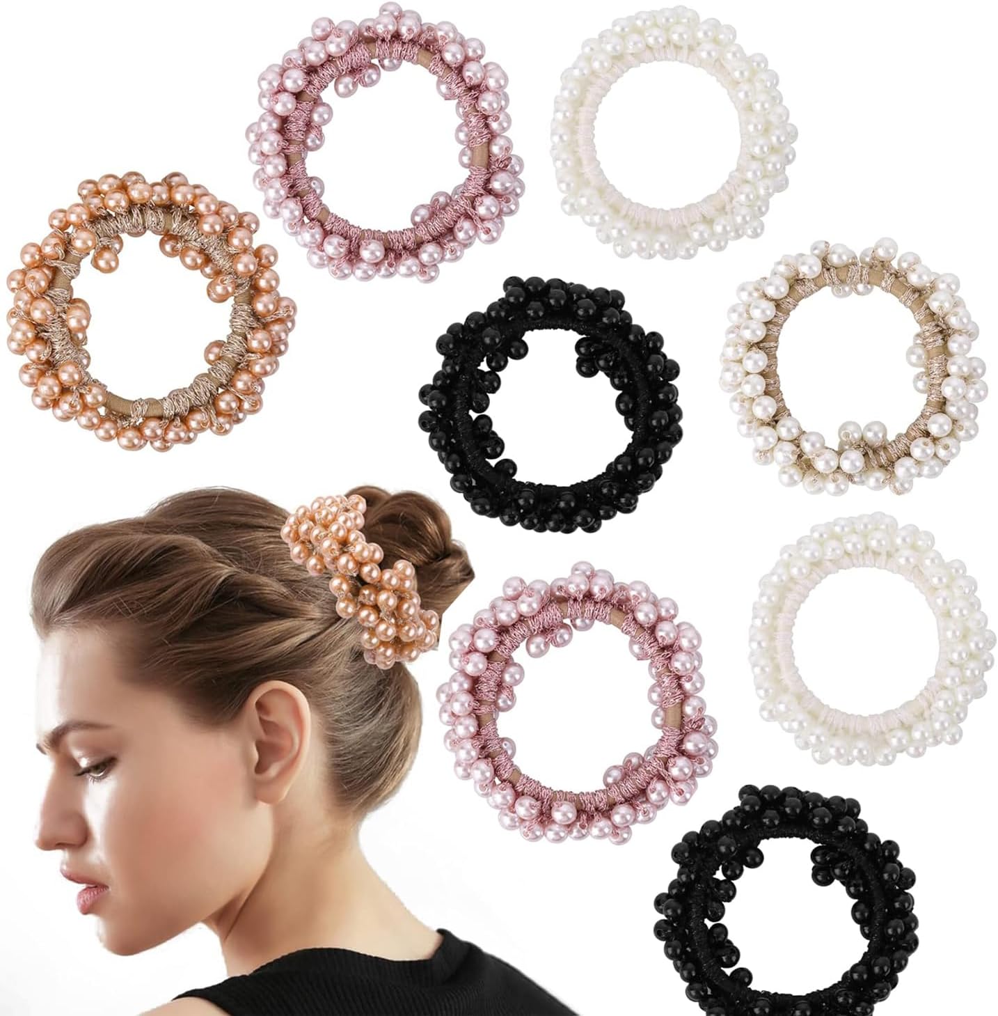Amzuia 8 Pack Pearl Hair Ties,Stretchy Bling Glitter Sparkly Hair Ties Scrunchies Beaded Hair Elastics Decorative Elastic Pearl Ponytail Holder Bracelet Hairs Ropes Bands Beautiful Accessories