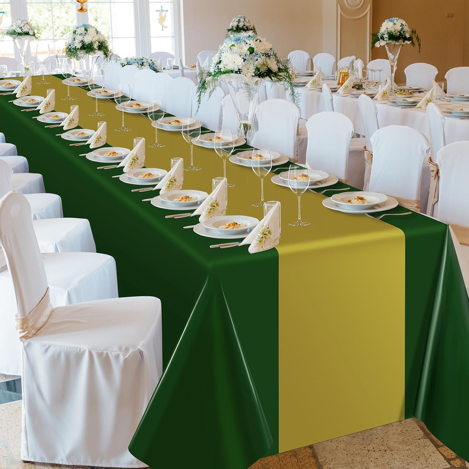 Oudain Disposable Plastic Tablecloths 54" x 108" for Rectangle Tables Cloths Waterproof Table Cover for Graduation Independence Day 4th of July Witch Party Baby Shower Wedding(Gold, Dark Green,6 Pcs)