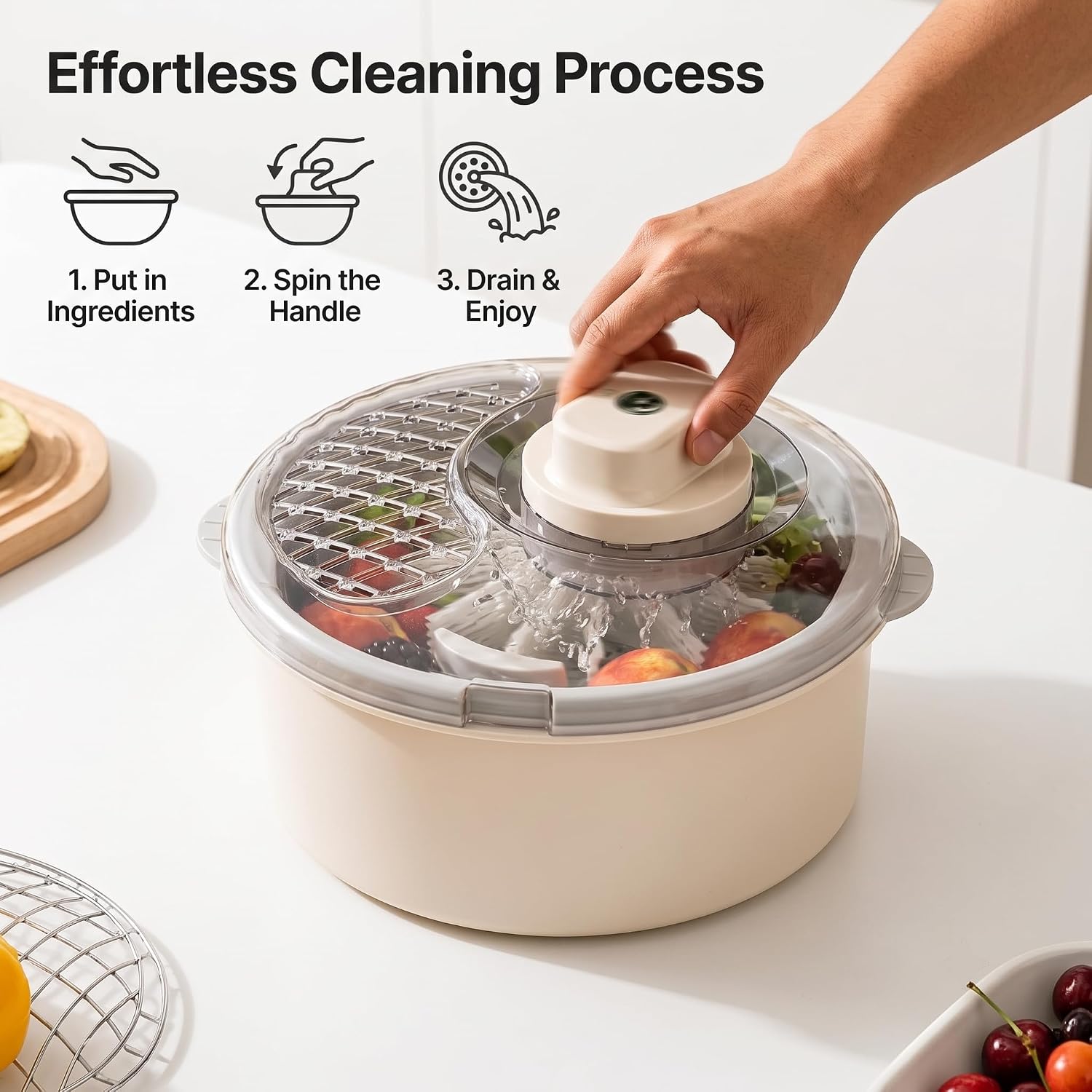 Manual Salad Spinner and Produce Washer, Fruit Cleaner Bowl, White