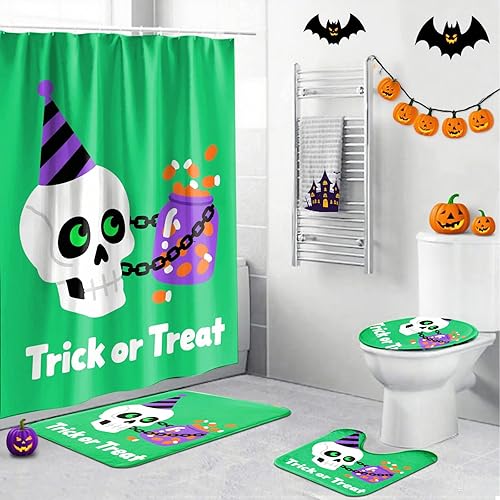 Miniatura 20 de Juego de 4 cortinas de ducha de Halloween, juego de baño de Halloween con cortina de ducha y alfombras, cubierta de tapa de inodoro, cortina de