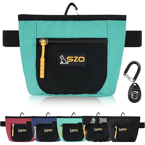 SZO Dog Treat Pouch with Pet Training Clicker, Dog Training Treat Pouch with Waist Belt Clip, Magnetic Closure, Hands-Free Training - Black&Green
